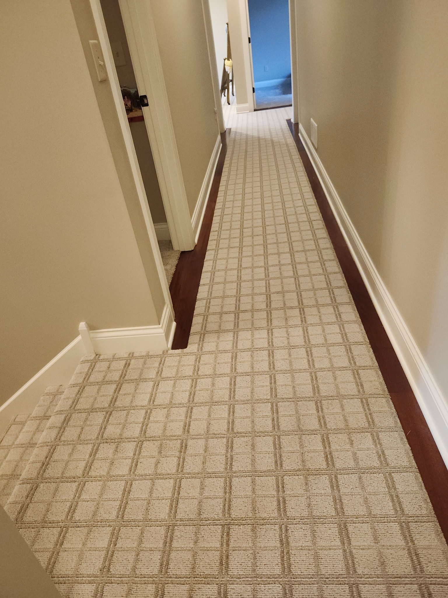 A long hallway with beige walls and a patterned carpet runner, featuring several doorways and a visible room with blue walls at the far end.
